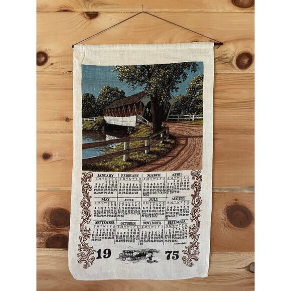 Vintage Linen Tea Towel/Wall hanging.Kay Dee.1975 Calendar.Country Bridge 29"x17 - Picture 1 of 3